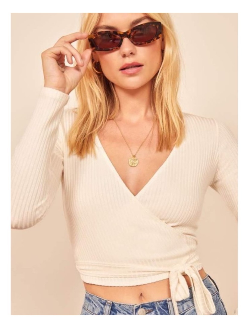 Reformation Petalo Wrap Top Crop Ribbed Long Sleeve Modal In Ivory Size XL